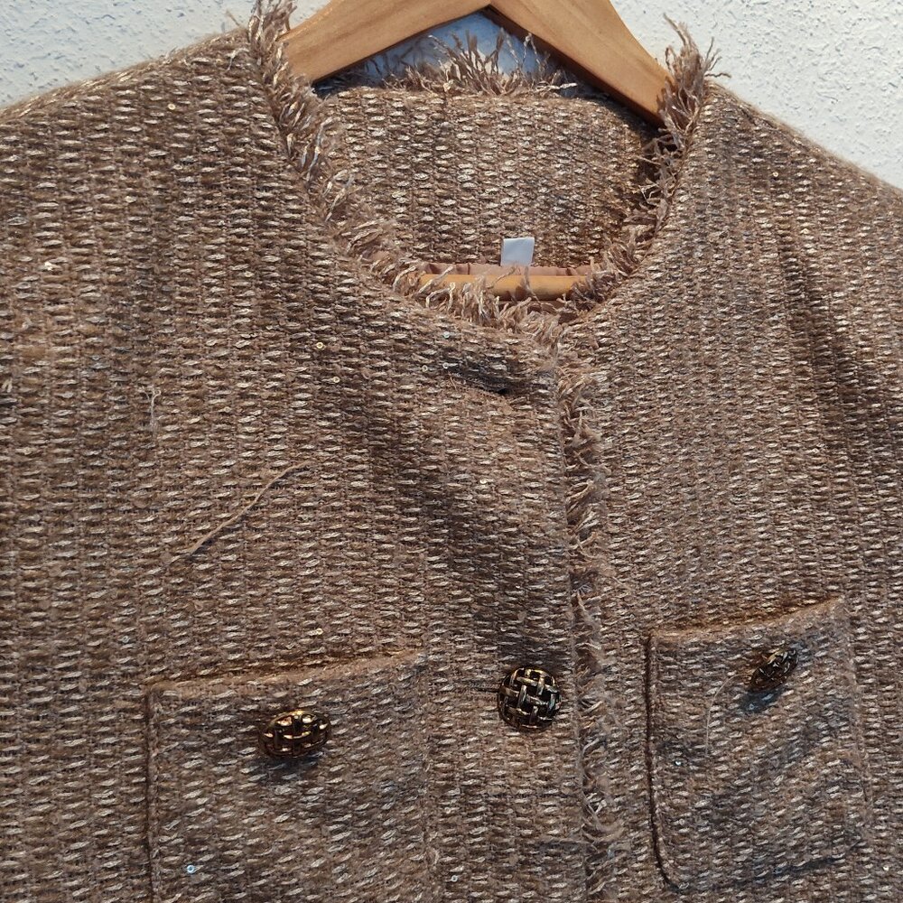 Gold Tweed Blazer Jacket, Fringe, Shoulder Pads, Unbranded, Casual Chic, M